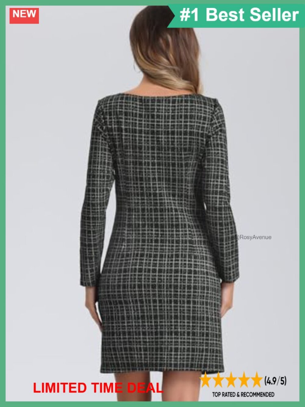 Allegra K Women Tweed Square Neck Long Sleeve Bodycon Dress with Pockets - Picture 2 of 4